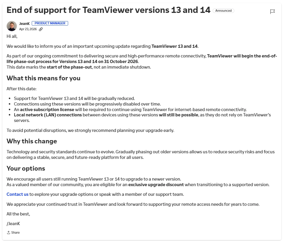 TeamViewer 13 & 14 EOL
