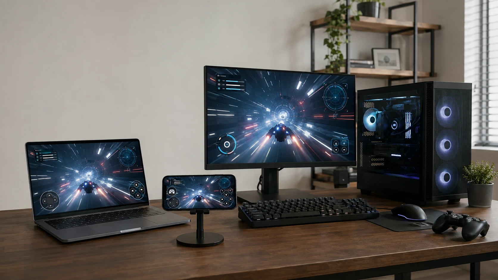 Remote desktop gaming setup with a gaming PC, laptop, and smartphone